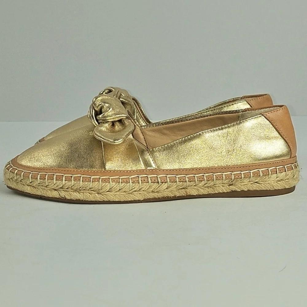 NWT Antonio Melani Locklinn Gold Metallic Leather Knotted Bow Espadrille Flat